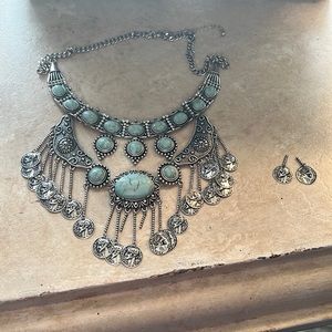 Blue stone coin layered statement necklace